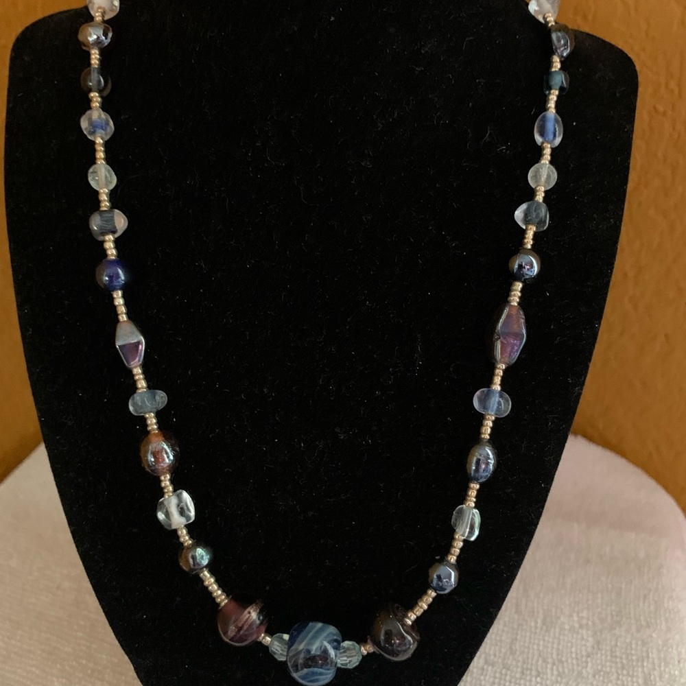Blue and silver glass bead necklace